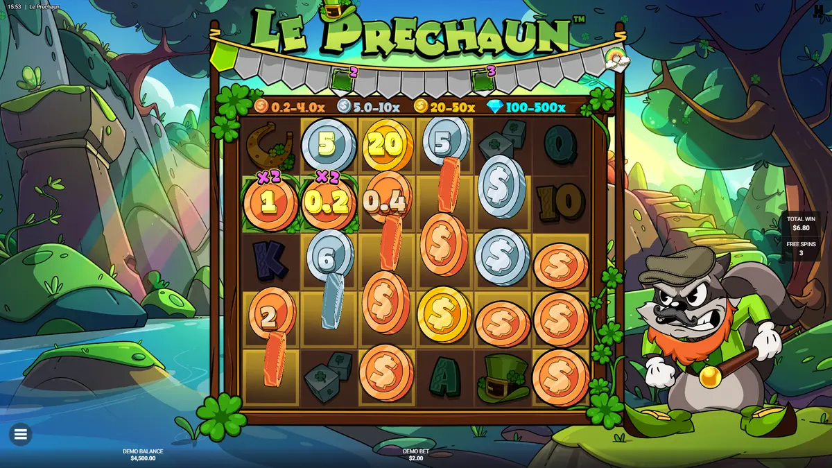 Bonus Shamrock N Roll avec Epic Rainbow actif et Pot d'or collectant les valeurs de pièces sur toute la grille